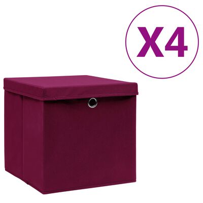 vidaXL Cutii depozitare cu capac, 4 buc., roșu închis, 28x28x28 cm