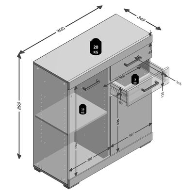 FMD Dulap cu 2 uși și 2 sertare, 80x34,9x89,9 cm, gri beton și alb