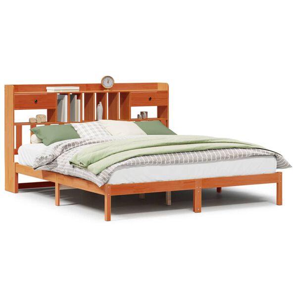 vidaXL Pat cu bibliotecă fără saltea maro 200x200 cm lemn masiv de pin