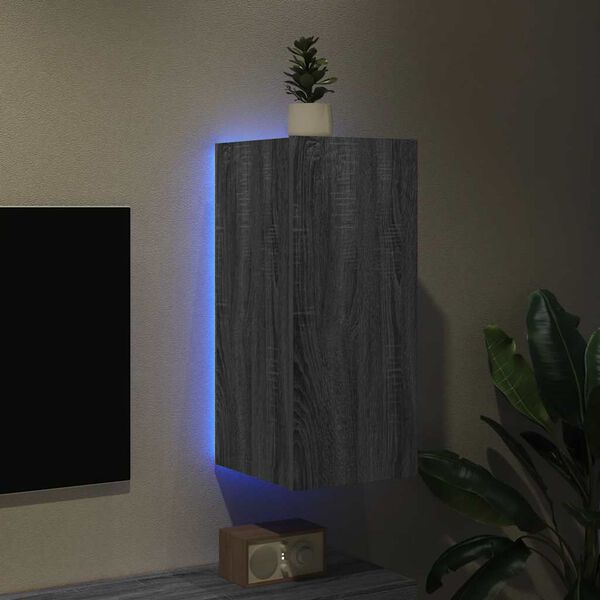 vidaXL Comodă TV de perete cu lumini LED, gri sonoma, 30,5x35x70 cm