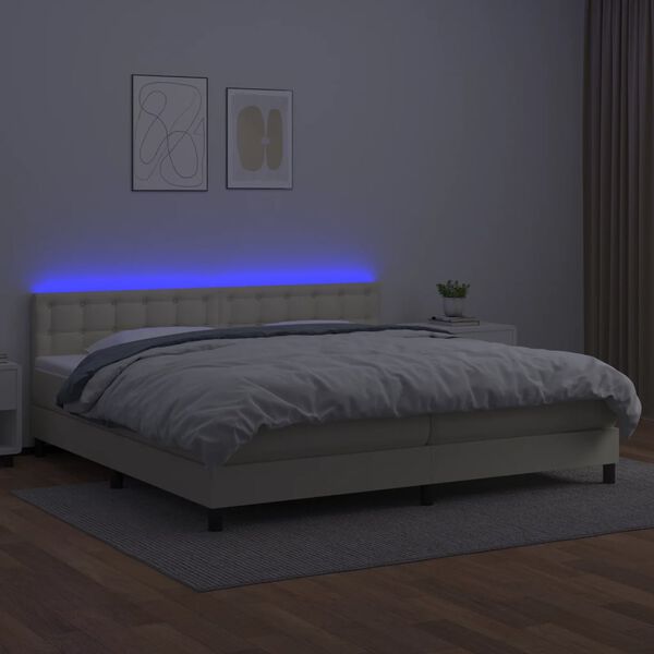 vidaXL Pat cu arcuri, saltea și LED, crem, 200x200 cm, piele ecologică