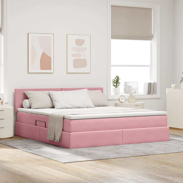 vidaXL Pat cu storage cu saltea cu headboard Roz 180 x 200 cm Catifea