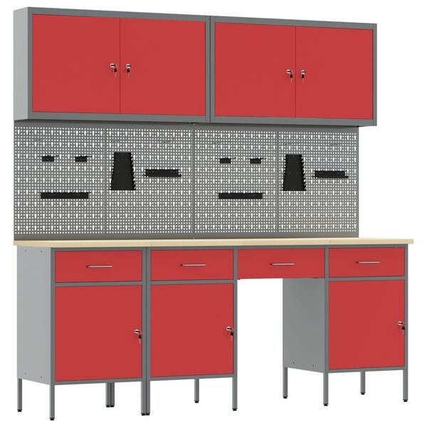 vidaXL Banc de lucru cu sertar 10 pcs Roșu 200 x 55 x 200 cm Oțel