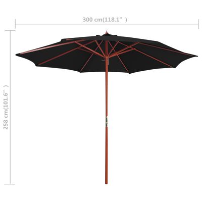 vidaXL Umbrelă de soare cu stâlp din lemn, negru, 300 x 258 cm