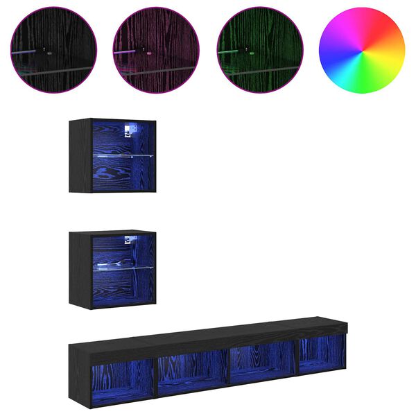 vidaXL Unități TV de perete cu LED 5 pcs Stejar Negru Lemn compozit