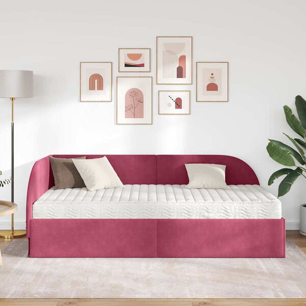 vidaXL Cadru de pat colțar cu saltea cu headboard 2 pcs Roșu Catifea