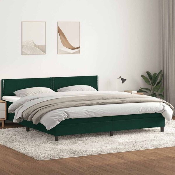 vidaXL Pat box spring cu saltea, verde &icirc;nchis, 200x210 cm, catifea