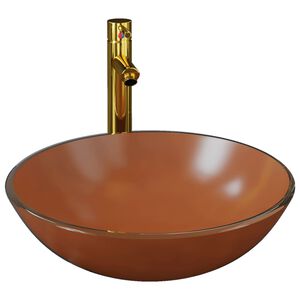 vidaXL Chiuvetă baie, robinet și scurgere tip push, maro sticlă călită
