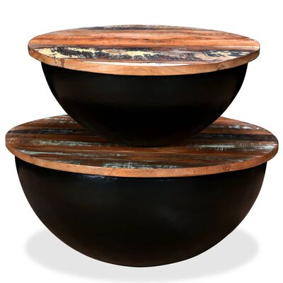 vidaXL Set măsuțe cafea, 2 piese, negru, lemn masiv reciclat formă bol