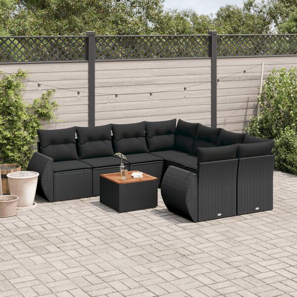 vidaXL Set mobilier de grădină cu perne, 9 piese, negru, poliratan