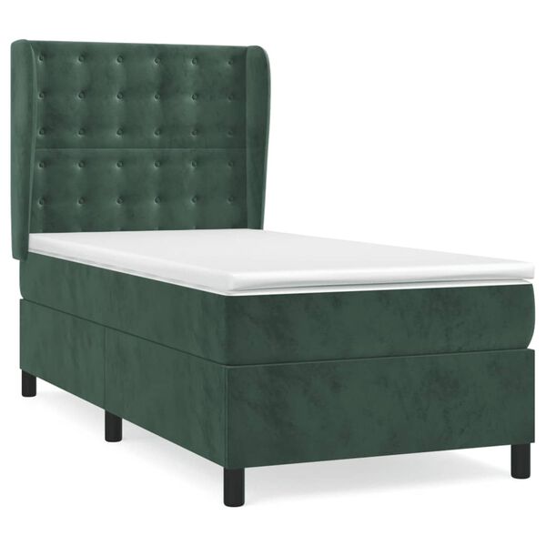 vidaXL Pat box spring cu saltea, verde &icirc;nchis, 90x190 cm, catifea