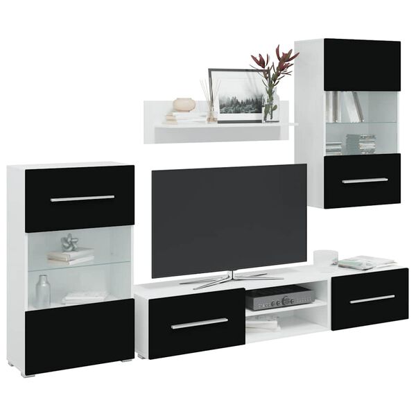 vidaXL Set mobilier comodă TV de perete, 5 piese, iluminare LED, negru