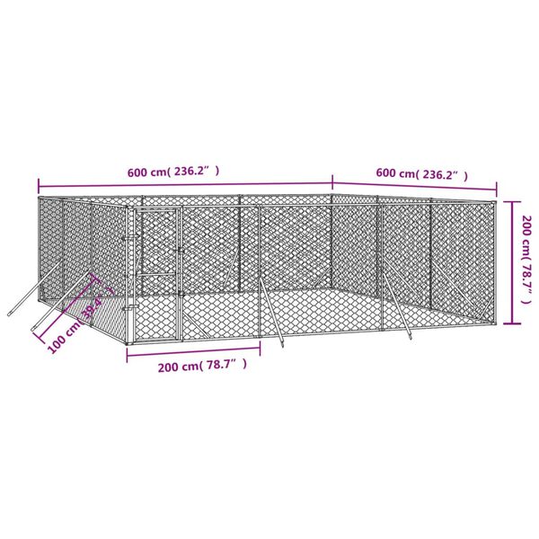 vidaXL Padoc de exterior pentru c&acirc;ini argintiu 6x6x2 m oțel galvanizat