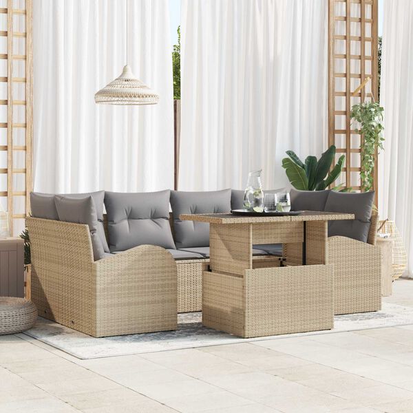 vidaXL Set de canapele pentru grădină cu pernă 7 pcs Bej Poli Rattan