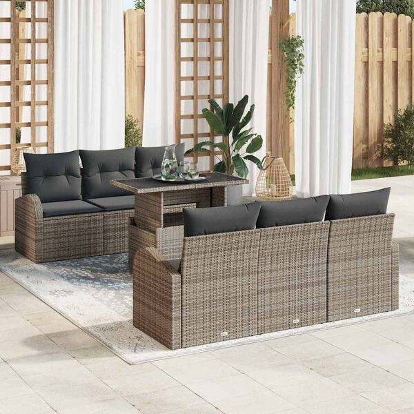 vidaXL Set de canapele pentru grădină cu pernă 7 pcs Gri Rattan poli