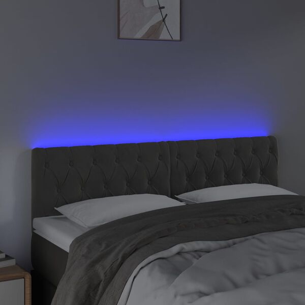 vidaXL Tăblie de pat cu LED, gri &icirc;nchis, 144x7x78/88 cm, catifea