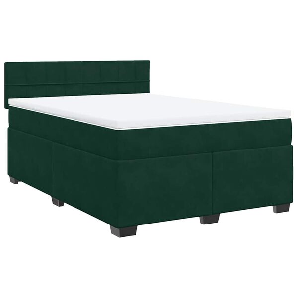 vidaXL Pat box spring cu saltea, verde &icirc;nchis, 140x200 cm, catifea