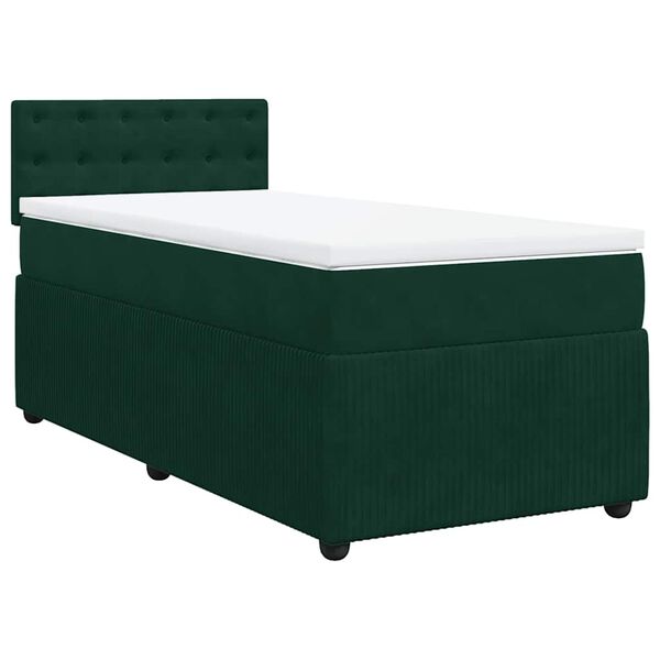 vidaXL Pat box spring cu saltea, verde &icirc;nchis, 90x200 cm, catifea