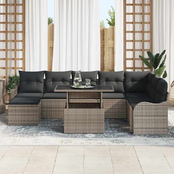vidaXL Set de canapele pentru grădină cu pernă 9 pcs Gri Rattan poli