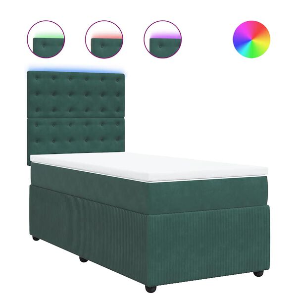 vidaXL Pat box spring cu saltea, verde &icirc;nchis, 90x200 cm, catifea