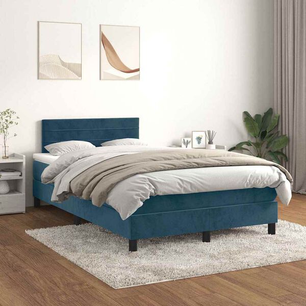 vidaXL Pat box spring cu saltea, albastru &icirc;nchis, 120x200 cm, catifea