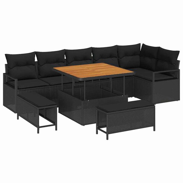 vidaXL Set de canapele pentru grădină cu pernă 9 pcs Negru Rattan poli