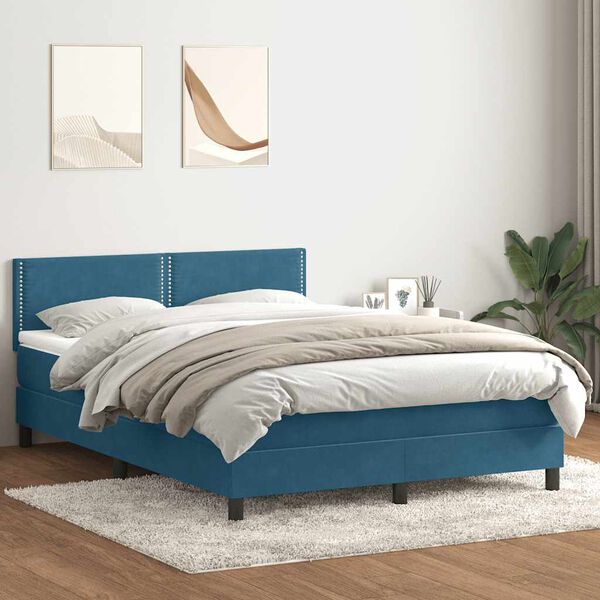 vidaXL Pat box spring cu saltea, albastru &icirc;nchis, 140x220 cm, catifea