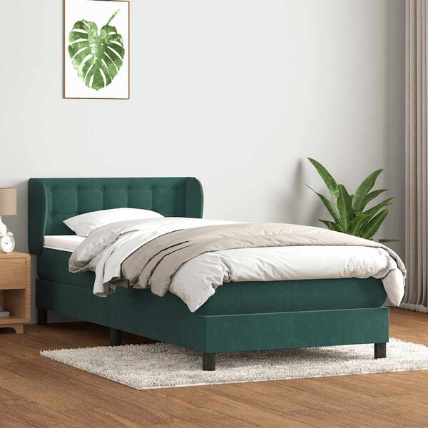 vidaXL Pat box spring cu saltea, verde &icirc;nchis, 80x210 cm, catifea