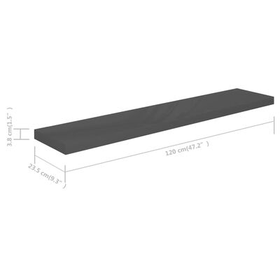 vidaXL Raft de perete suspendat, gri extralucios, 120x23,5x3,8 cm, MDF