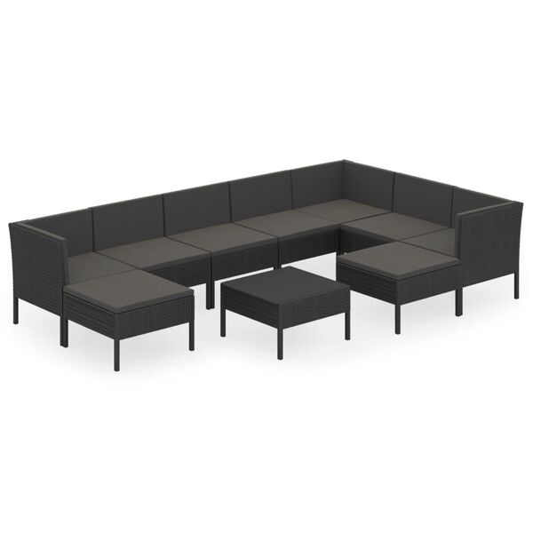 vidaXL Set mobilier de grădină cu perne, 10 piese, negru, poliratan