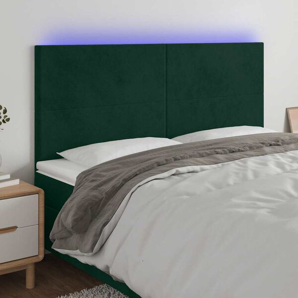 vidaXL Tăblie de pat cu LED, verde &icirc;nchis, 180x5x118/128 cm, catifea