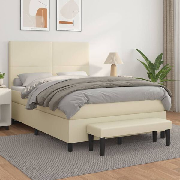 vidaXL Pat box spring cu saltea, crem, 140x190 cm, piele ecologică