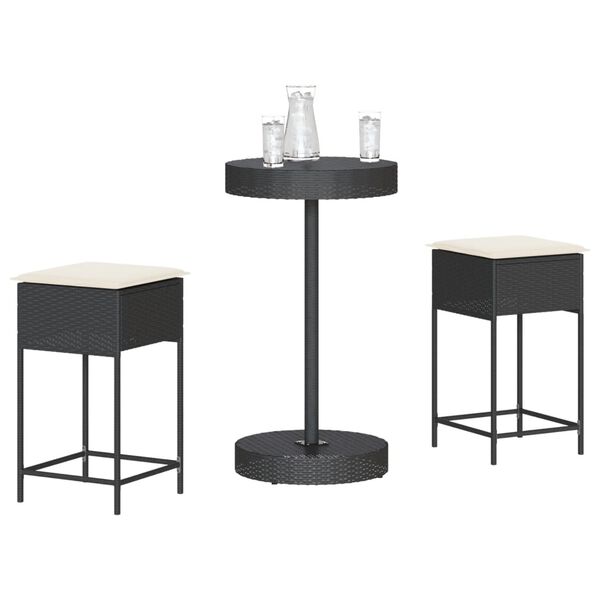 vidaXL Set mobilier bar de grădină cu perne, 3 piese, negru, poliratan