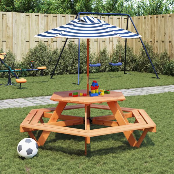 vidaXL Masă picnic pentru 6 copii cu umbrelă, hexagon, lemn masiv brad