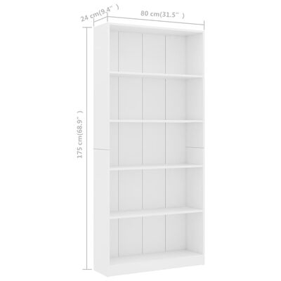 vidaXL Bibliotecă cu 5 rafturi, alb, 80 x 24 x 175 cm, PAL