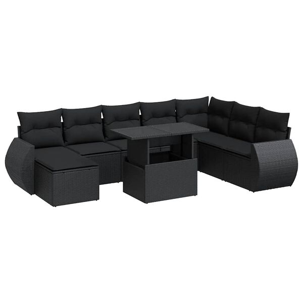 vidaXL Set mobilier de grădină cu perne, 9 piese, negru, poliratan