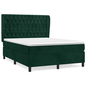 vidaXL Pat box spring cu saltea, verde &icirc;nchis, 140x190 cm, catifea