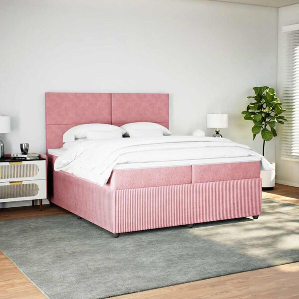 vidaXL Pat box spring cu saltea, roz, 200x200 cm, catifea
