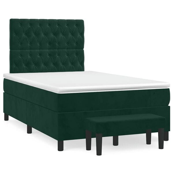 vidaXL Pat box spring cu saltea, verde &icirc;nchis, 120x190 cm, catifea
