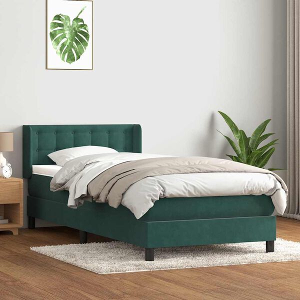vidaXL Pat box spring cu saltea, verde &icirc;nchis, 90x220 cm, catifea
