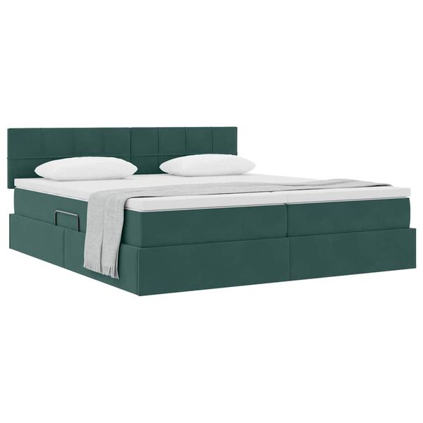 vidaXL Pat cu storage cu saltea cu headboard Verde &icirc;nchis 100 x 200 cm