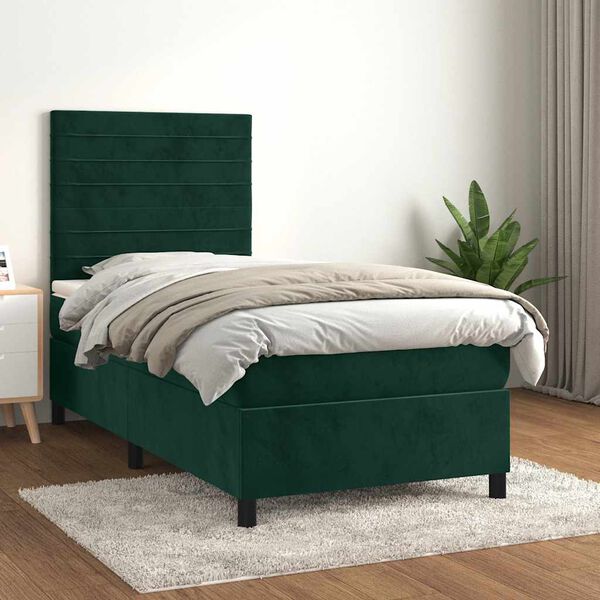 vidaXL Pat box spring cu saltea, verde &icirc;nchis, 100x200 cm, catifea