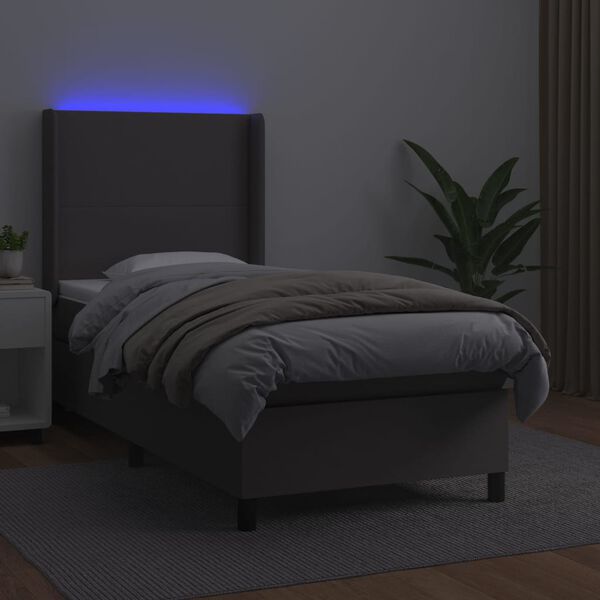 vidaXL Pat cu arcuri, saltea și LED, gri, 90x190 cm, piele ecologică
