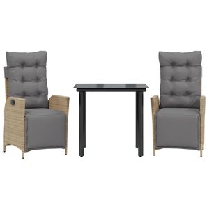 vidaXL Set de masă pentru grădină, 3 piese, cu perne, bej, poliratan