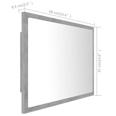 vidaXL Oglindă de baie cu LED, gri beton, 60x8,5x37 cm, acril