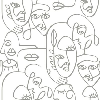 Noordwand Tapet „Friends & Coffee Line Art Faces”, alb și metalic