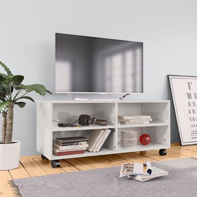 vidaXL Comodă TV cu rotile, alb extralucios, 90x35x35, PAL