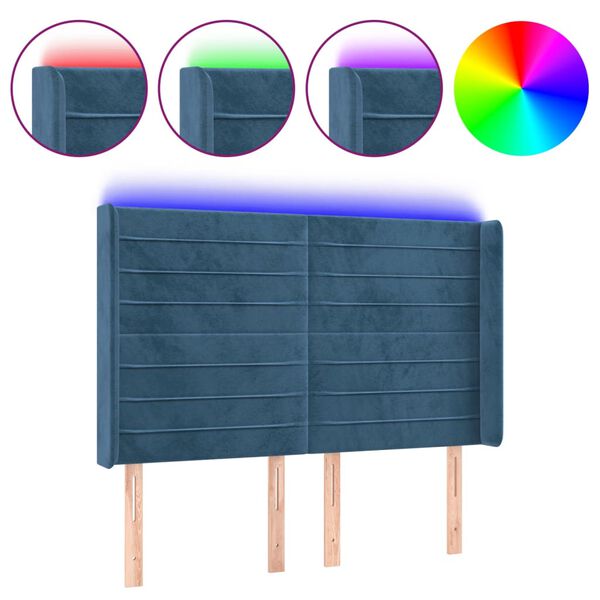 vidaXL Tăblie de pat cu LED, albastru &icirc;nchis, 147x16x118/128cm catifea