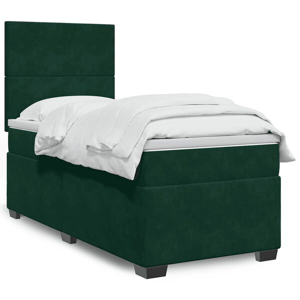 vidaXL Pat box spring cu saltea, verde &icirc;nchis, 100x200 cm, catifea
