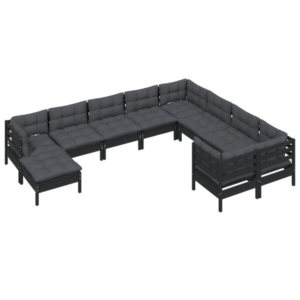 vidaXL Set mobilier grădină cu perne, 10 piese, negru, lemn de pin